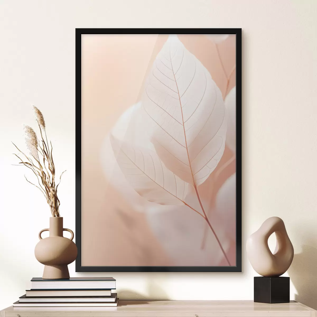 Poster Delicate, doorschijnende bladeren met ingewikkelde aderpatronen, zachte perzik achtergrond, minimalistische botanische compositie f45555