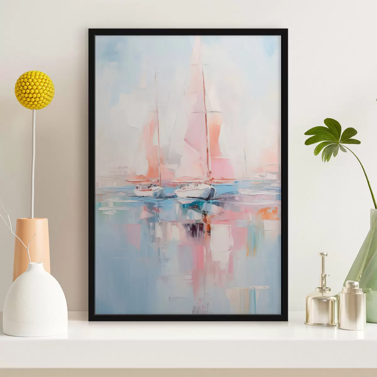 Poster Zeilboten met roze zeilen drijvend op een kalme zee, reflecties van de boten in het water, zachte pastelkleuren f45557