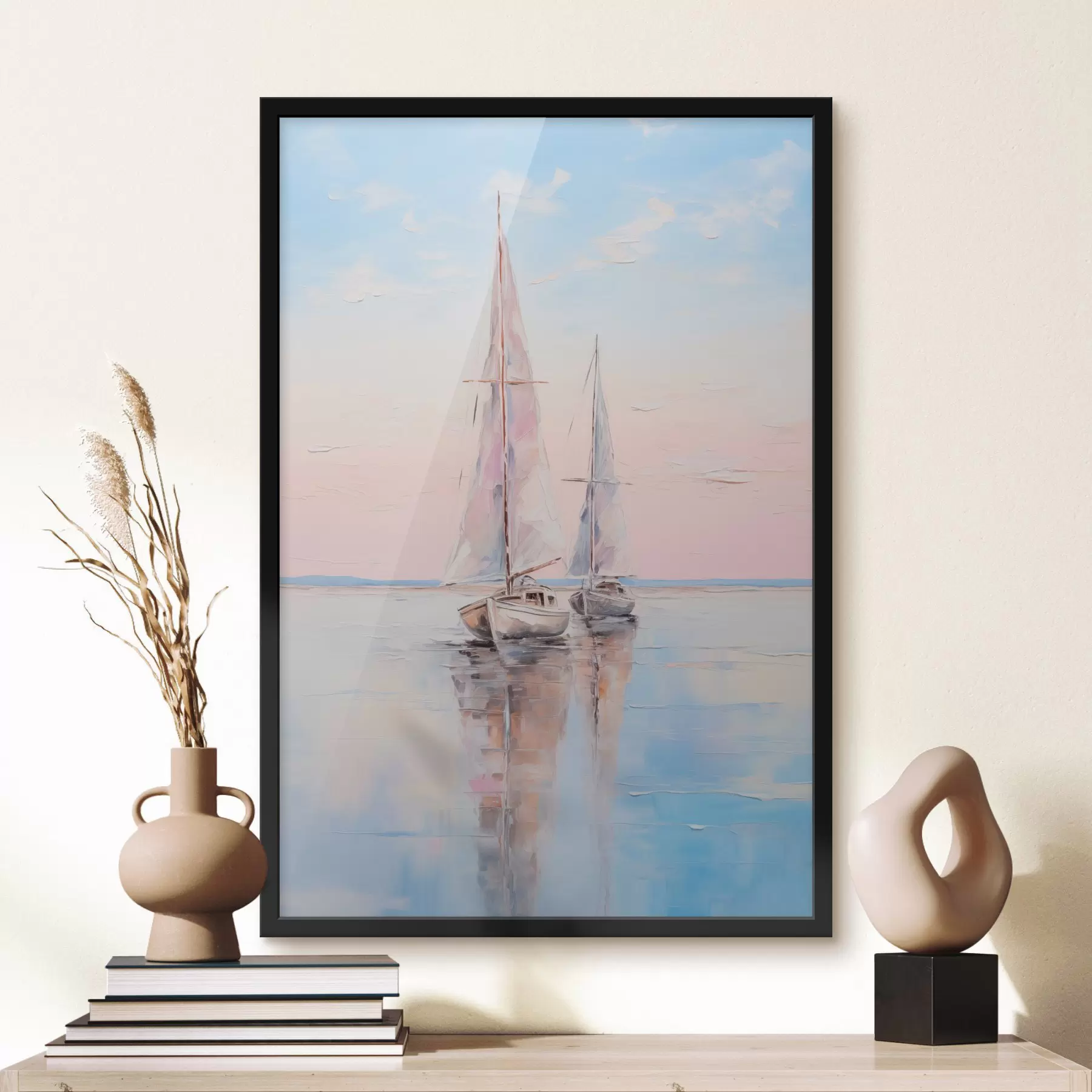 Fotobehang Zeilboten met roze zeilen drijvend op een kalme zee, reflecties van de boten in het water, zachte pastelkleuren f45558
