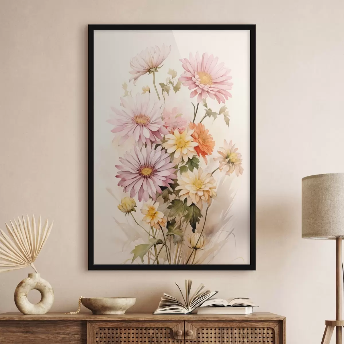 Poster Een boeket kleurrijke bloemen, zachte aquarelstijl, op een lichte achtergrond f45559