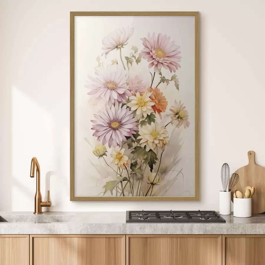 Fotobehang Een boeket kleurrijke bloemen, zachte aquarelstijl, op een lichte achtergrond f45559