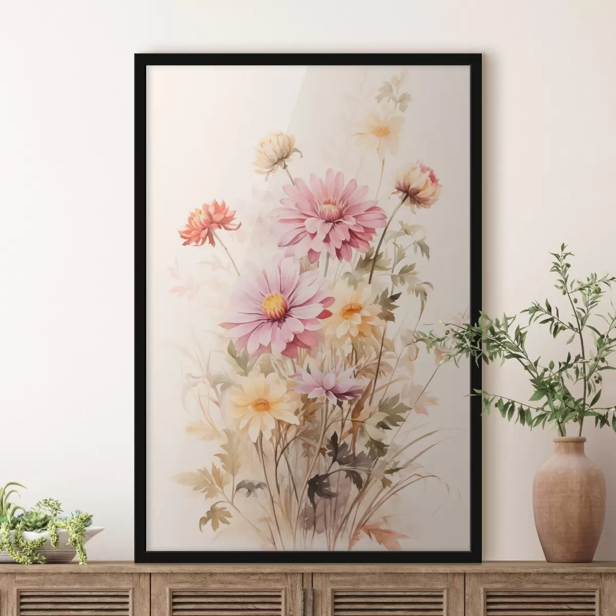 Poster Een boeket kleurrijke bloemen, zachte aquarel stijl, op een lichte achtergrond, botanische illustratie f45560