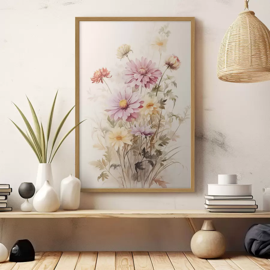 Fotobehang Een boeket kleurrijke bloemen, zachte aquarel stijl, op een lichte achtergrond, botanische illustratie f45560