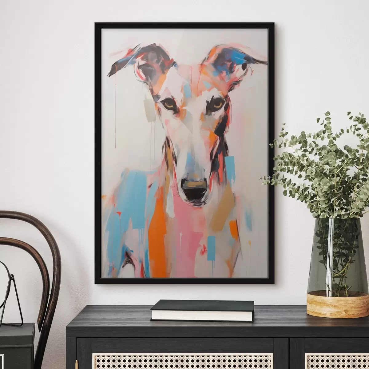 Poster Een windhond, beschilderd met levendige kleuren zoals oranje, roze en blauw, tegen een effen witte achtergrond f45565
