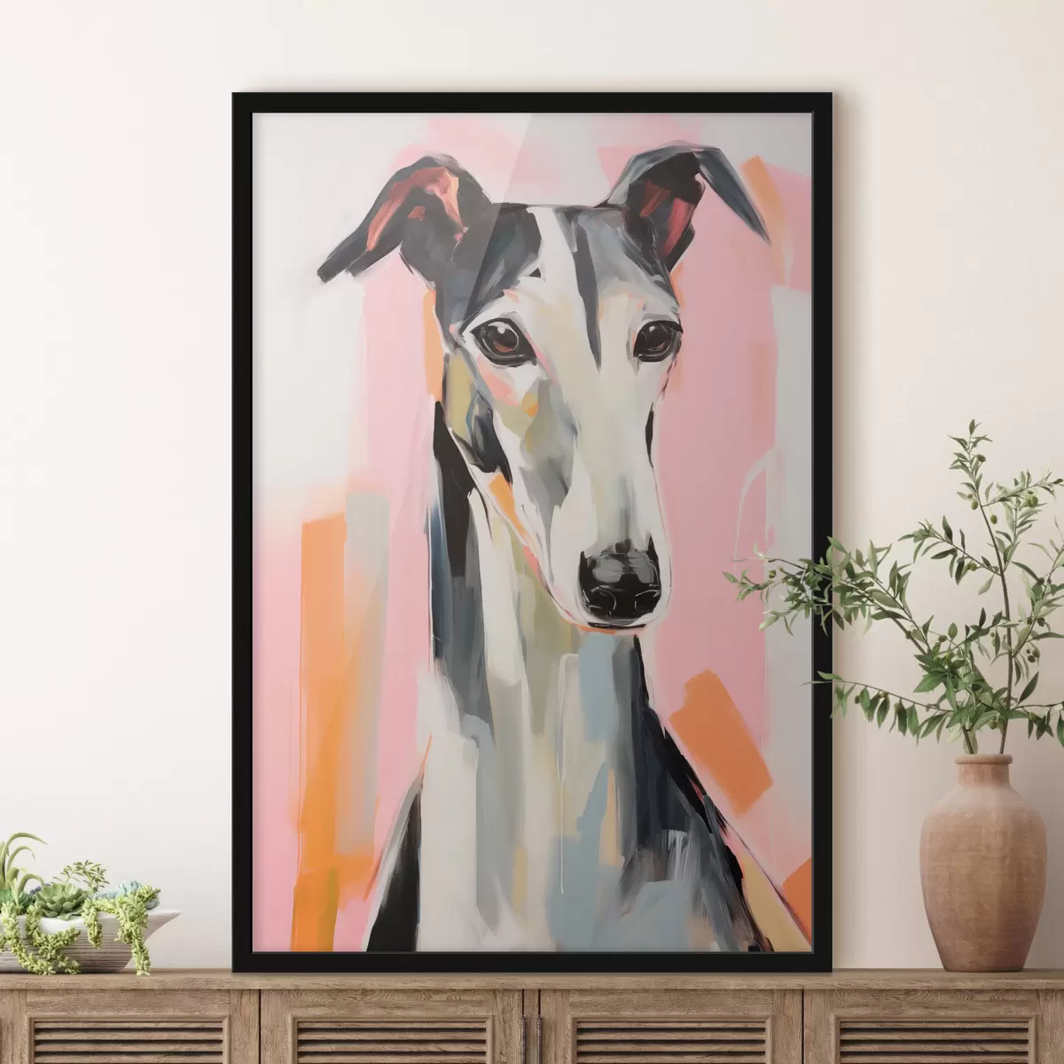 Poster Een windhond tegen een achtergrond van roze, oranje en witte penseelstreken f45566