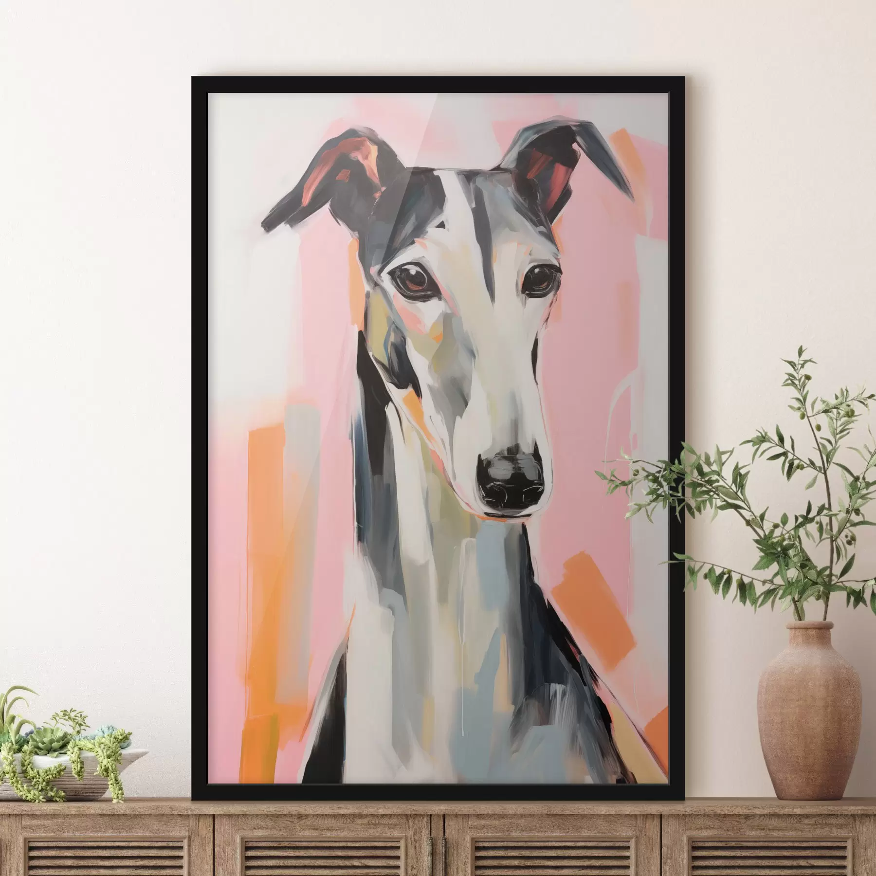 Fotobehang Een windhond tegen een achtergrond van roze, oranje en witte penseelstreken f45566