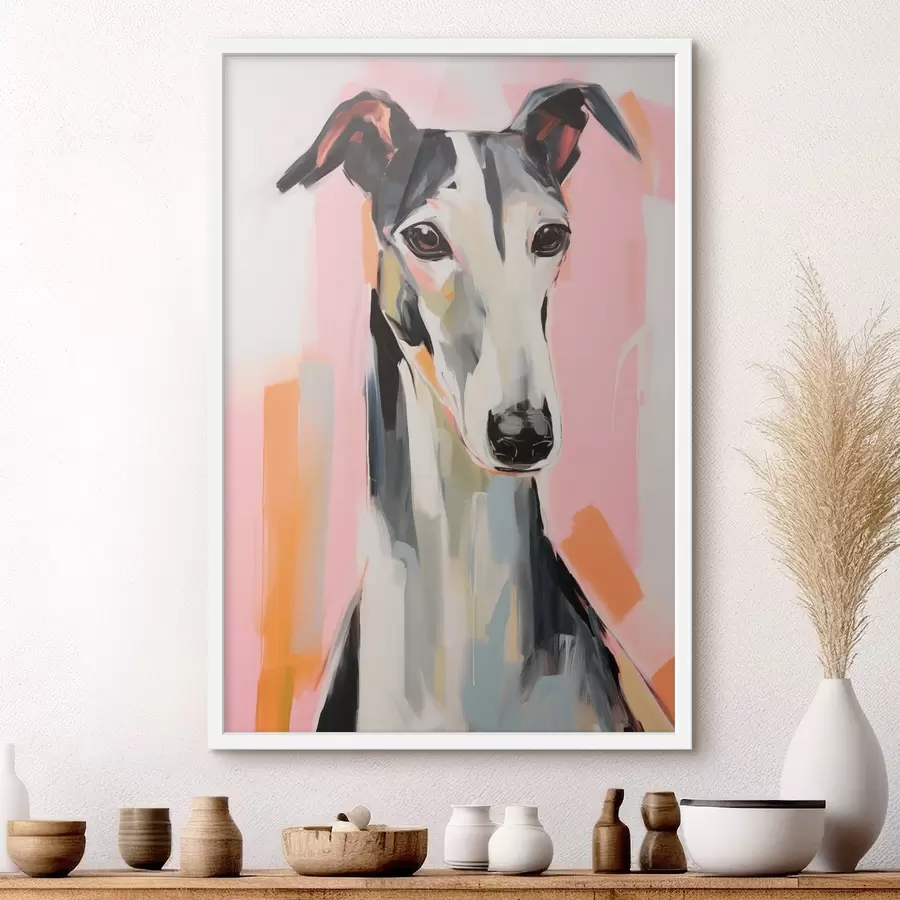 Fotobehang Een windhond tegen een achtergrond van roze, oranje en witte penseelstreken f45566