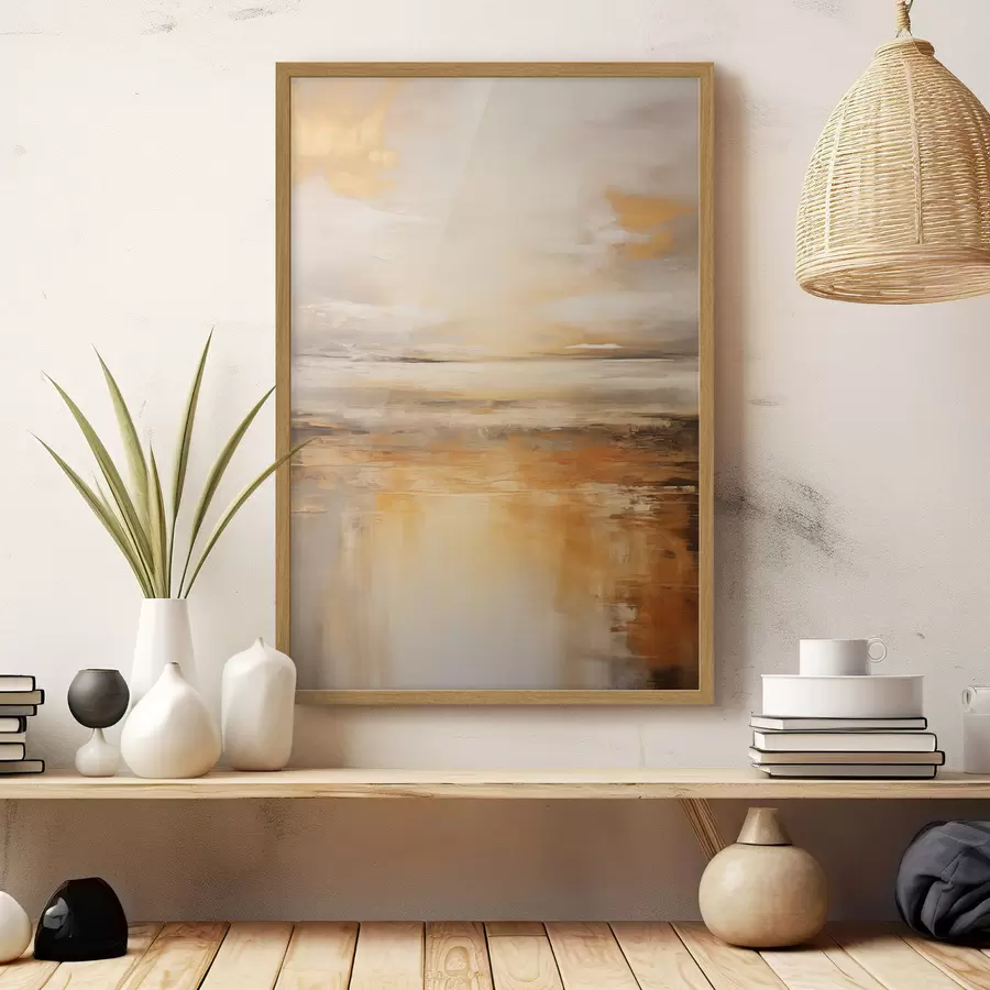 Fotobehang Een abstract schilderij van een strandlandschap met een kalme oceaan, oranje zand en een bewolkte lucht met zon f45567