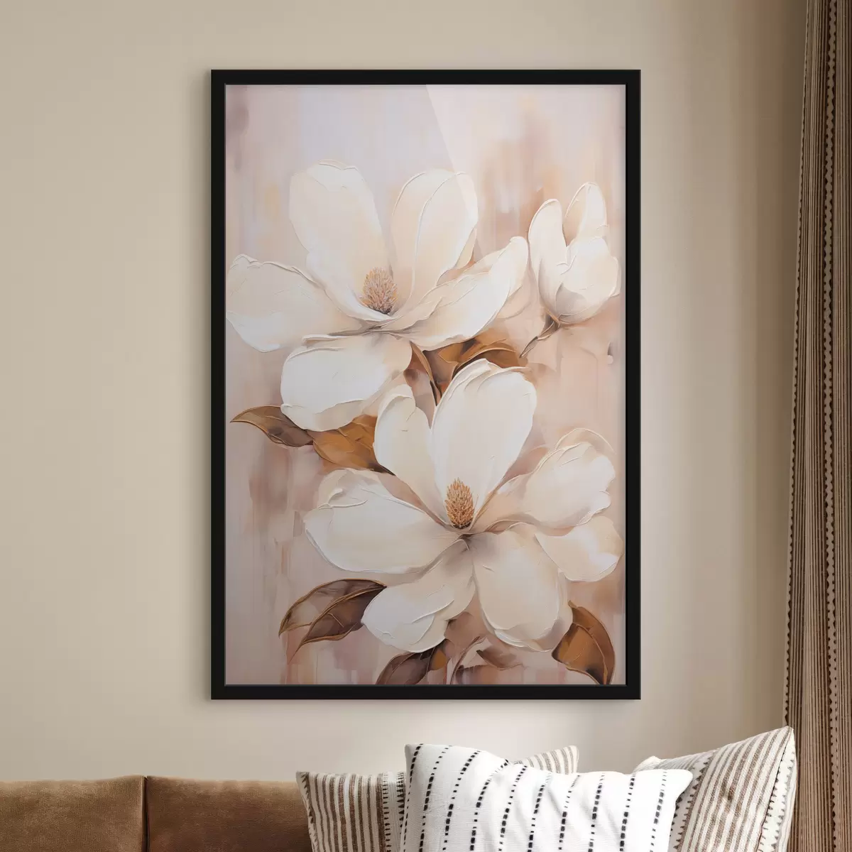 Poster Witte magnoliabloemen tegen een zachte, onscherpe achtergrond van beige en bruine tinten, schilderstijl f45572