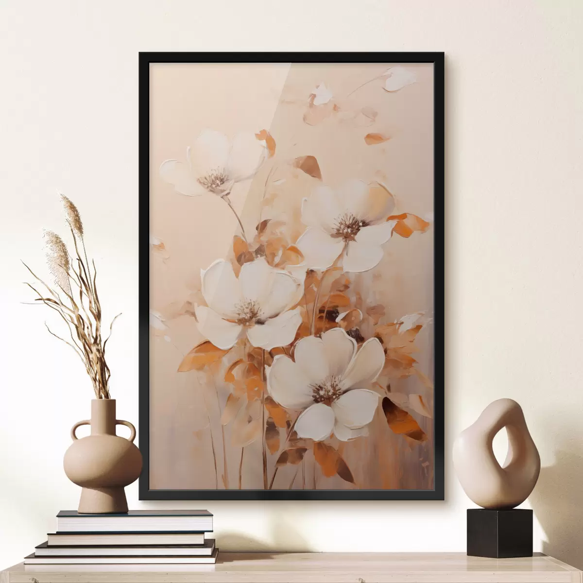Poster Witte bloemen met oranje bladeren, fijne penseelstreken, warm kleurenpalet, elegante compositie f45573