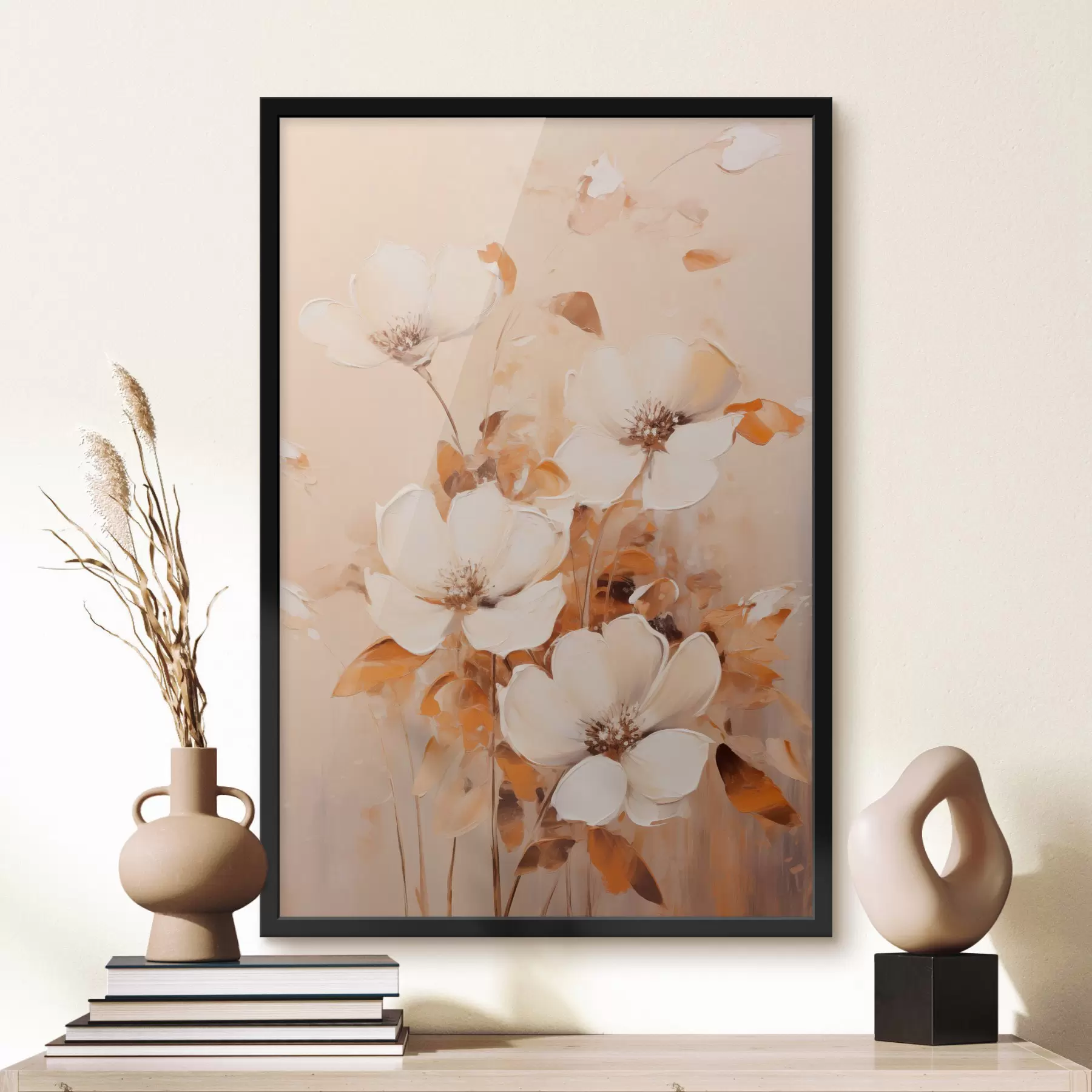 Fotobehang Witte bloemen met oranje bladeren, fijne penseelstreken, warm kleurenpalet, elegante compositie f45573