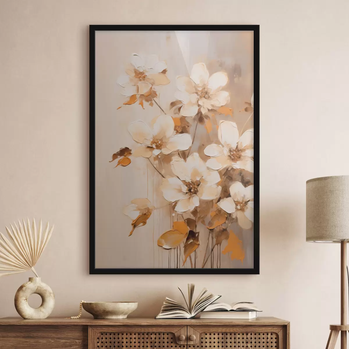 Poster Witte bloemen met oranje bladeren, fijne penseelstreken, bloemstuk, botanische kunst f45574