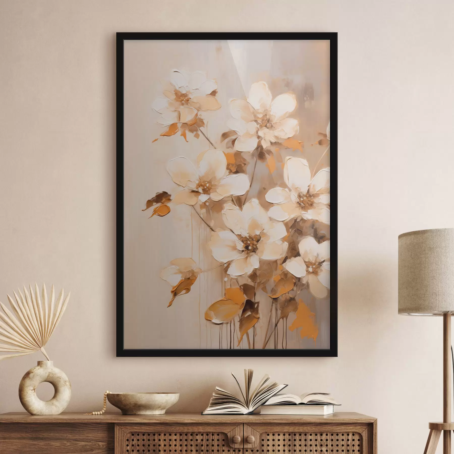 Fotobehang Witte bloemen met oranje bladeren, fijne penseelstreken, bloemstuk, botanische kunst f45574
