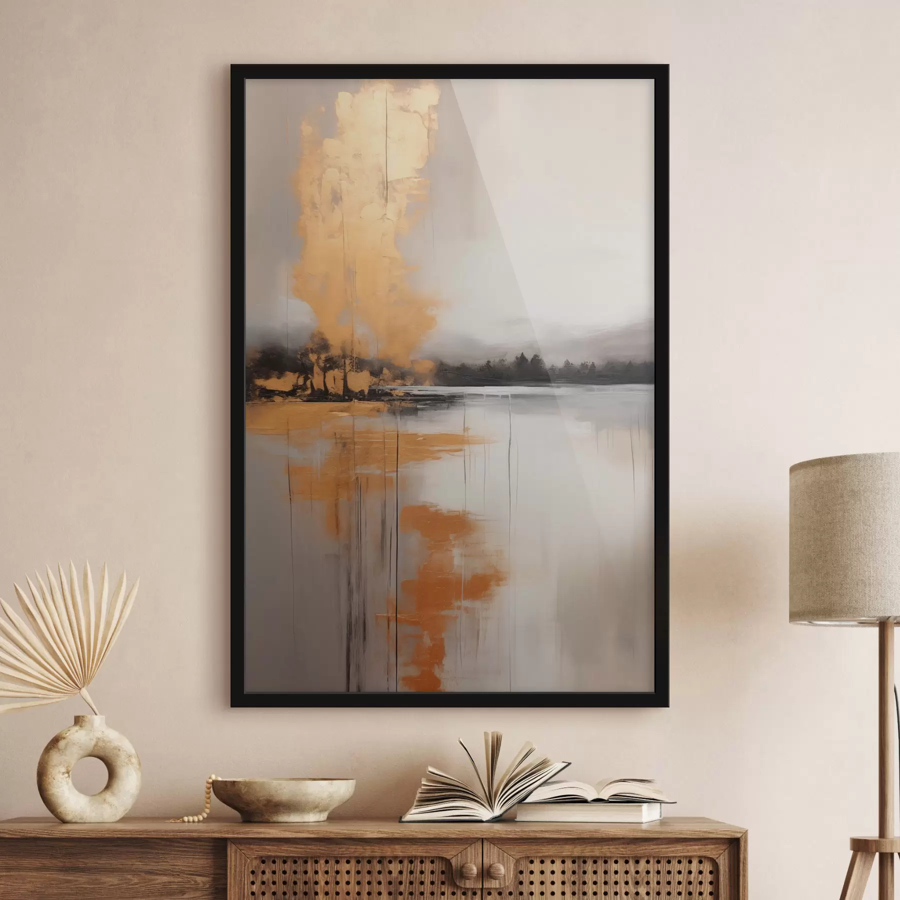 Fotobehang Een abstract landschap met een meer, boom en gele mist, het water weerspiegelt en bewolkte lucht f45575