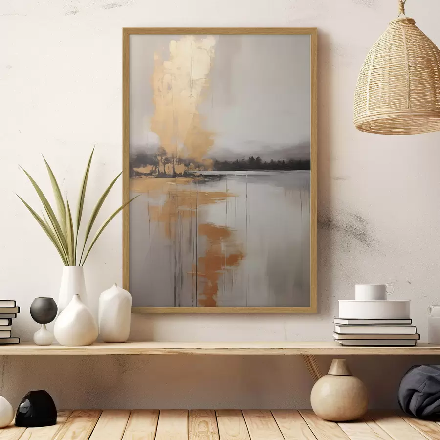 Fotobehang Een abstract landschap met een meer, boom en gele mist, het water weerspiegelt en bewolkte lucht f45575
