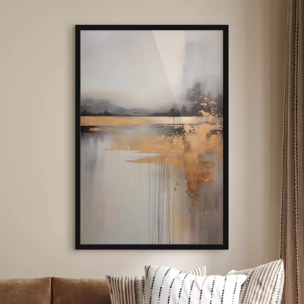 Poster Abstract textuurlandschap met een rivier en donkere bomen op de achtergrond, de lucht is bewolkt f45576