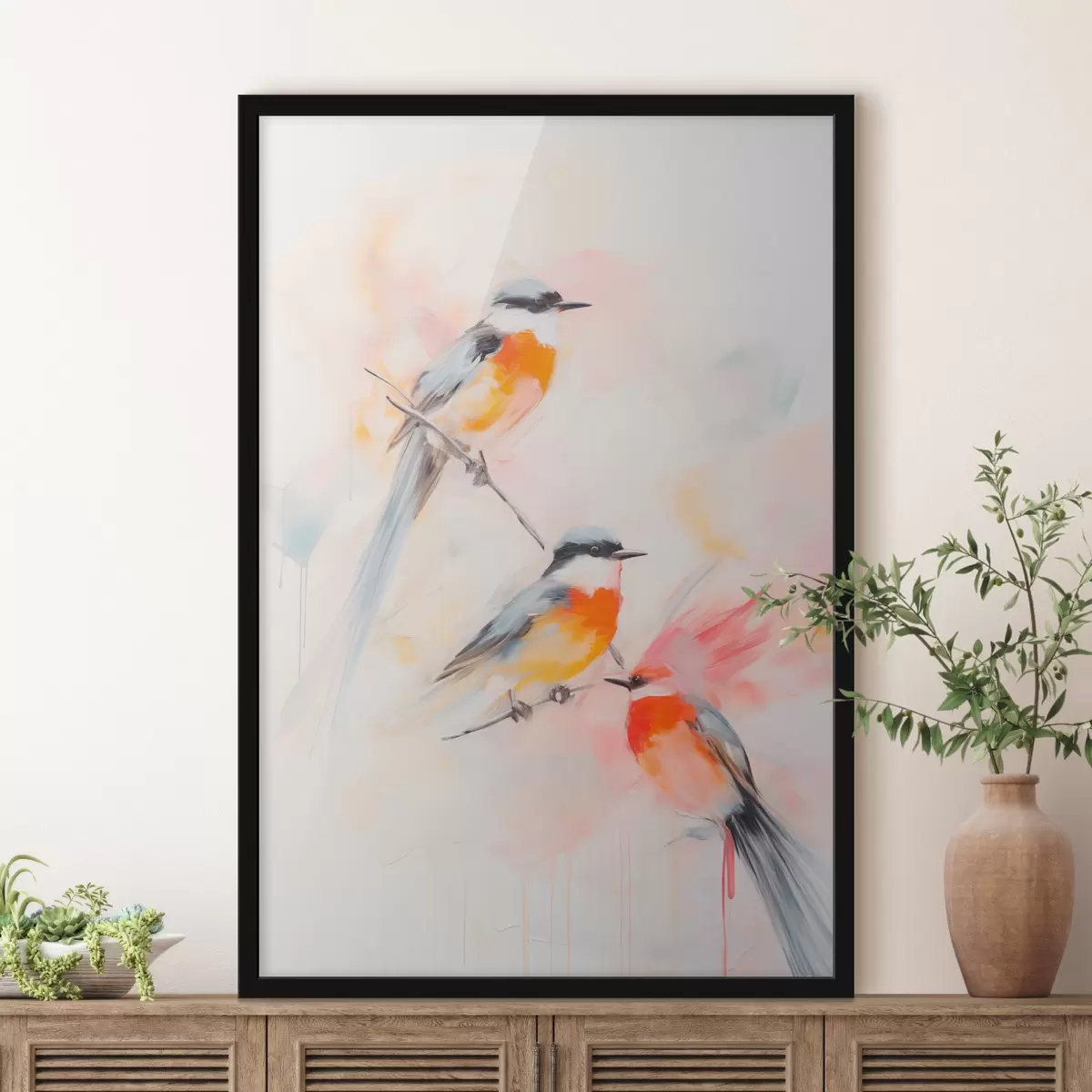 Poster Vogels neergestreken op takken , zachte pastelkleuren, lichte achtergrond met roze en witte tinten f45577