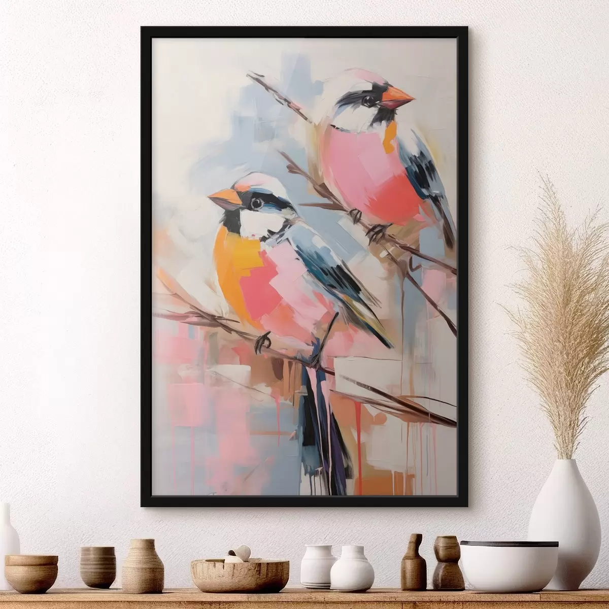 Poster Kleurrijke vogels op een tak tegen een zachte pastelkleurige achtergrond f45578