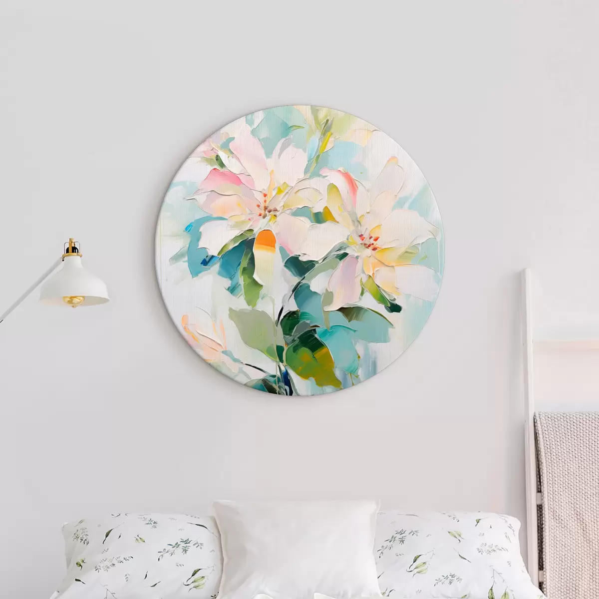 Ronde schilderijen Bloemen met kleurrijke accenten, groene bladeren, zachte penseelstreken olieverf imitatie, lichtblauwe achtergrond r45549