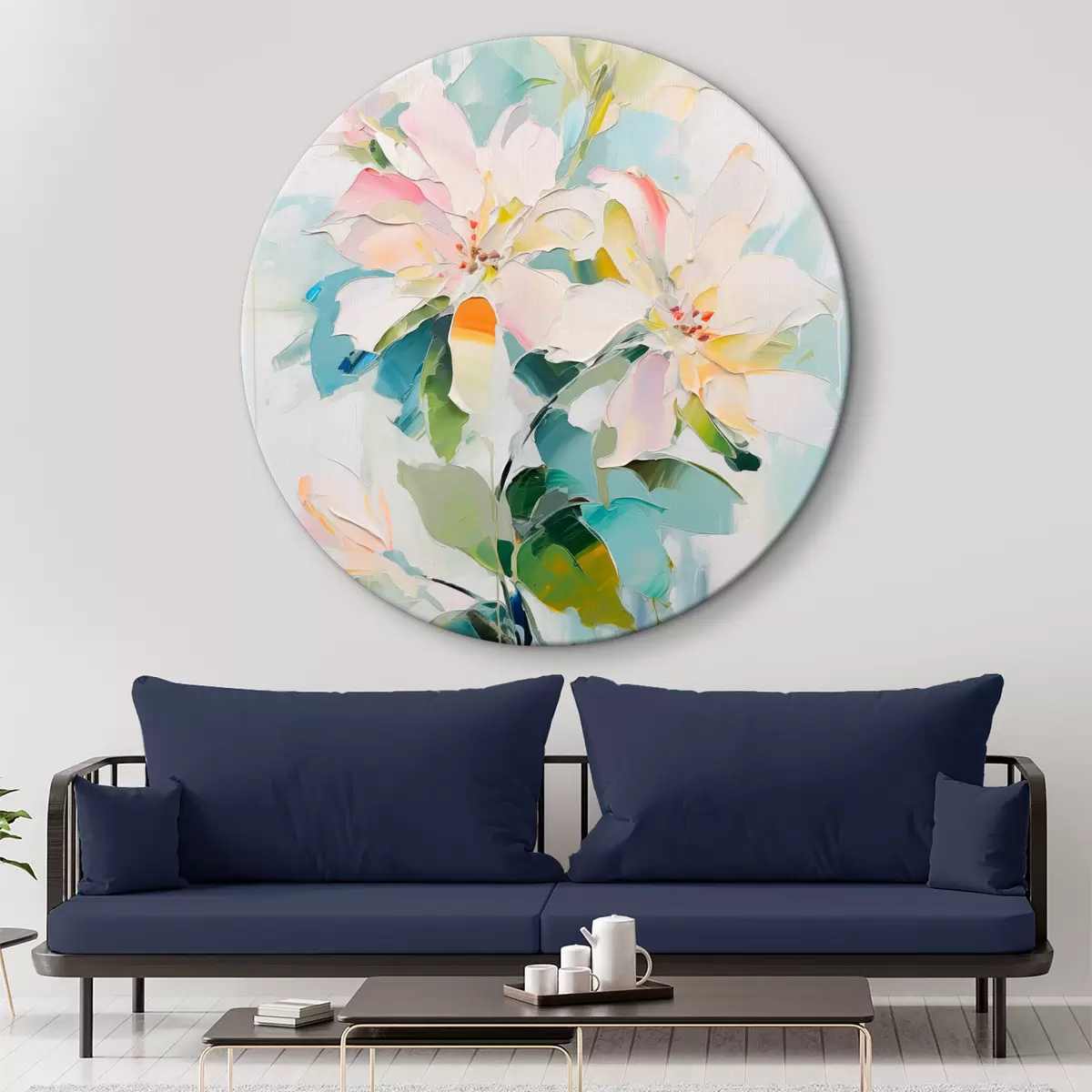Ronde schilderijen Bloemen met kleurrijke accenten, groene bladeren, zachte penseelstreken olieverf imitatie, lichtblauwe achtergrond r45549