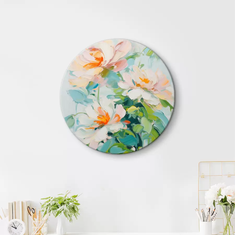  Schilderijen Witte en pastel perzik bloemen, groene bladeren, zachte penseelstreken olieverf imitatie, lichtblauwe achtergrond r45550