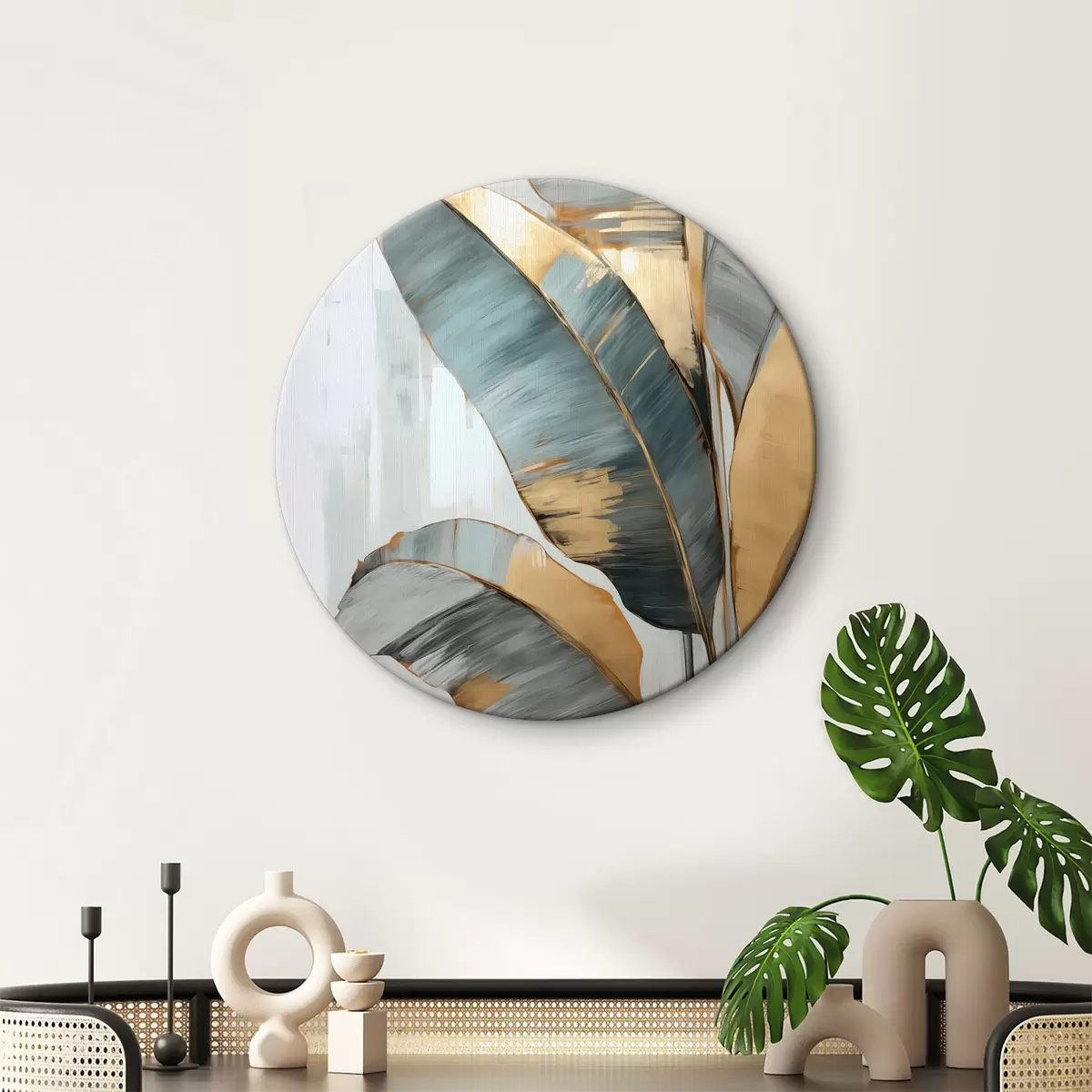 Ronde schilderijen Een set gedempte blauwe, grijze en gele bananenbladeren met zichtbare penseelstreken, op een witte abstracte achtergrond r45551