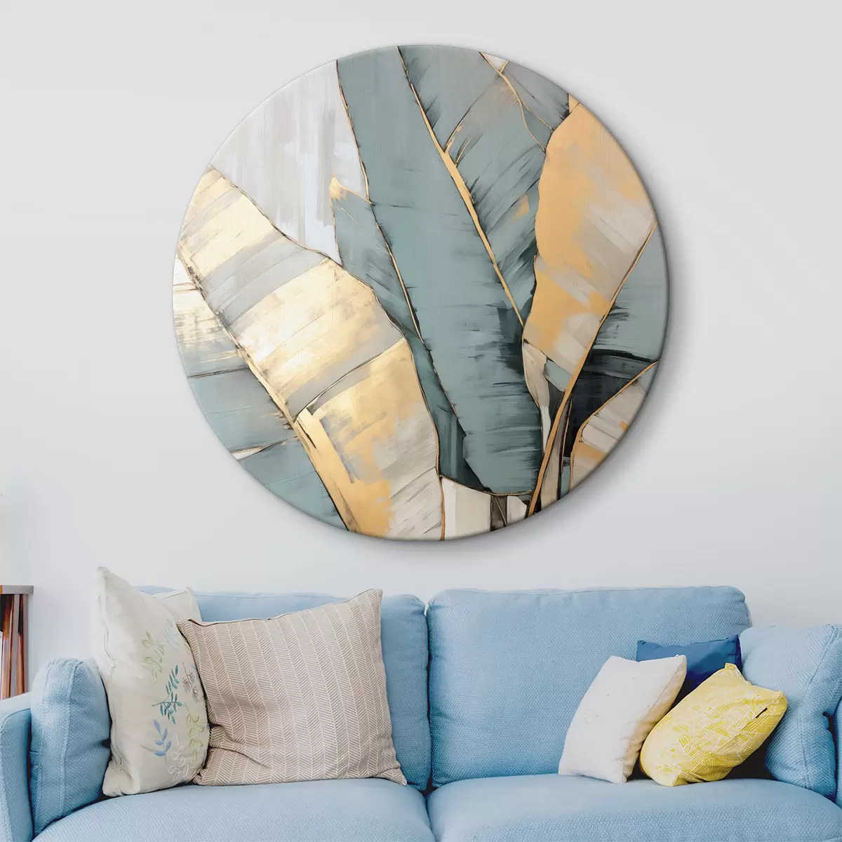 Ronde schilderijen Gedempte blauwe, grijze en gele bananenbladeren met zichtbare penseelstreken, op een witte abstracte achtergrond r45552