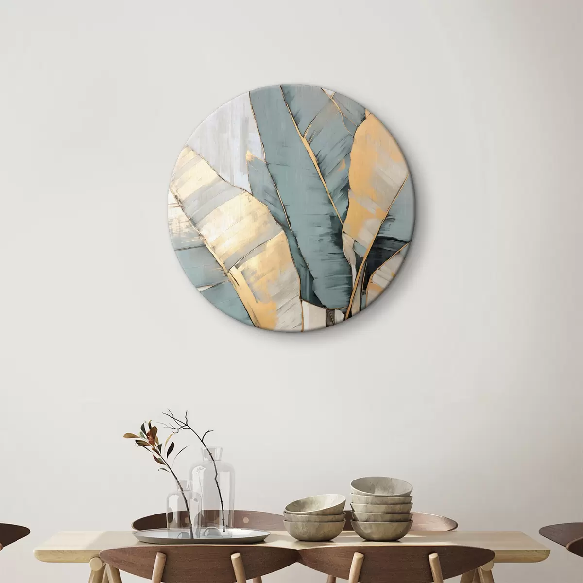 Ronde schilderijen Gedempte blauwe, grijze en gele bananenbladeren met zichtbare penseelstreken, op een witte abstracte achtergrond r45552