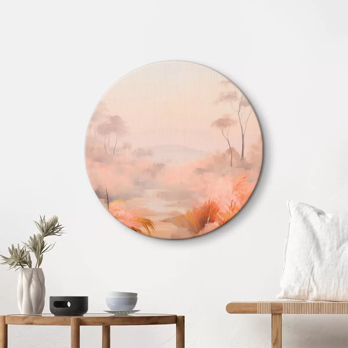 Ronde schilderijen Een landschap met struiken en bomen in roze, oranje en bruine tinten, met bergen op de achtergrond r45553