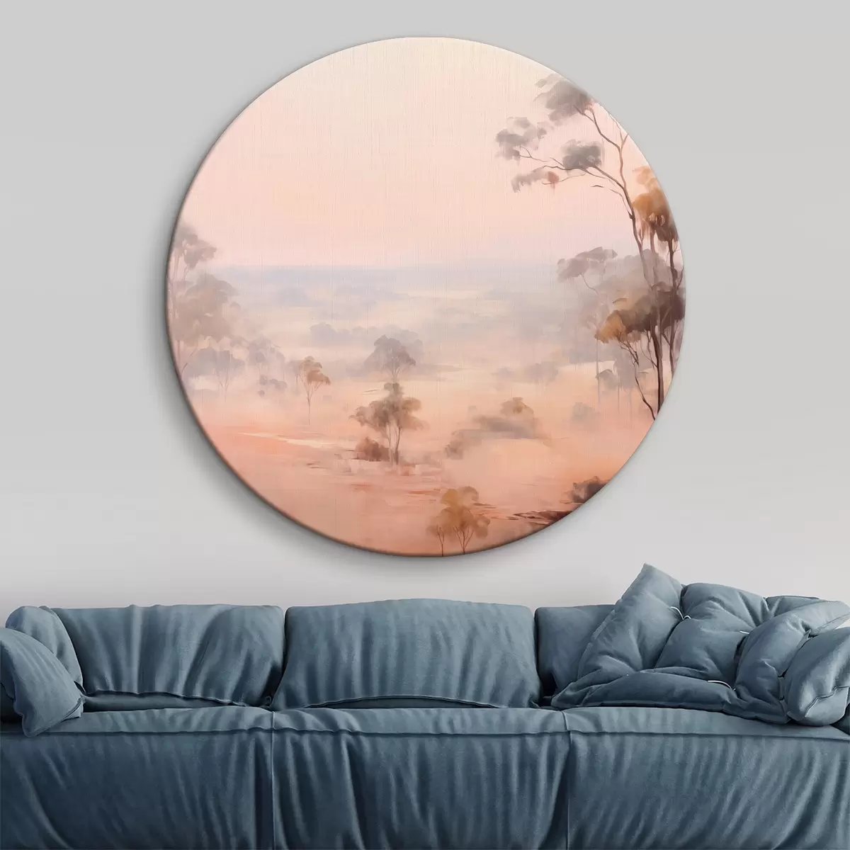 Ronde schilderijen Een landschap met struiken en bomen in pasteltinten roze , oranje en bruin , met bergen op de achtergrond r45554