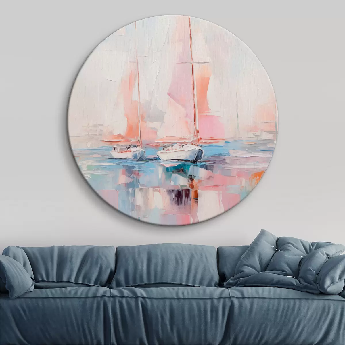 Ronde schilderijen Zeilboten met roze zeilen drijvend op een kalme zee, reflecties van de boten in het water, zachte pastelkleuren r45557