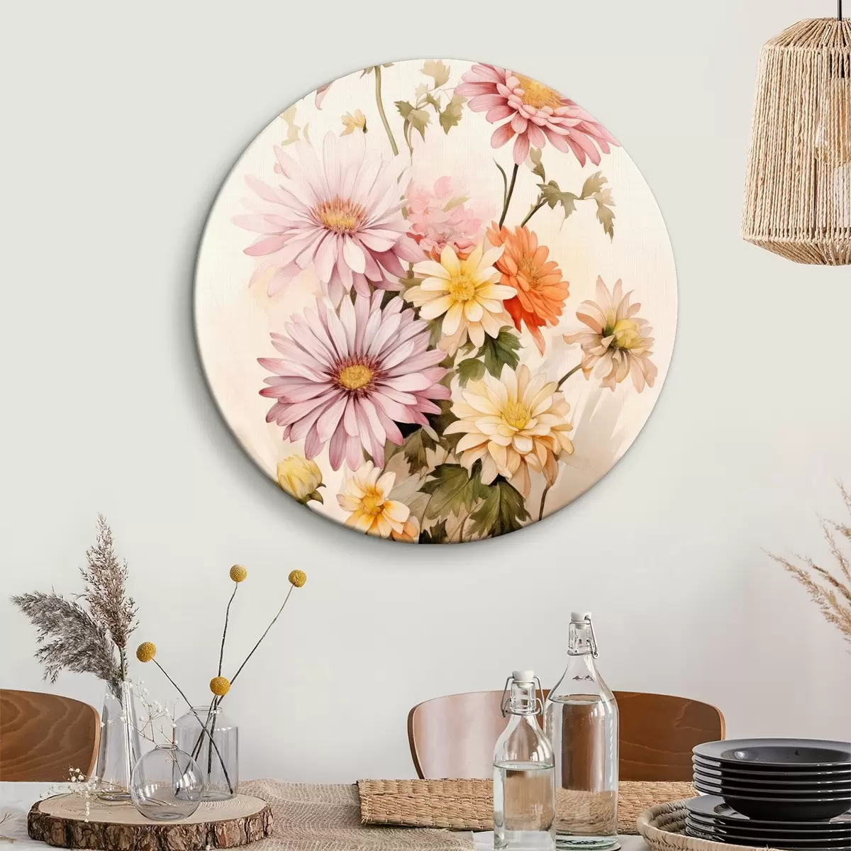 Ronde schilderijen Een boeket kleurrijke bloemen, zachte aquarelstijl, op een lichte achtergrond r45559