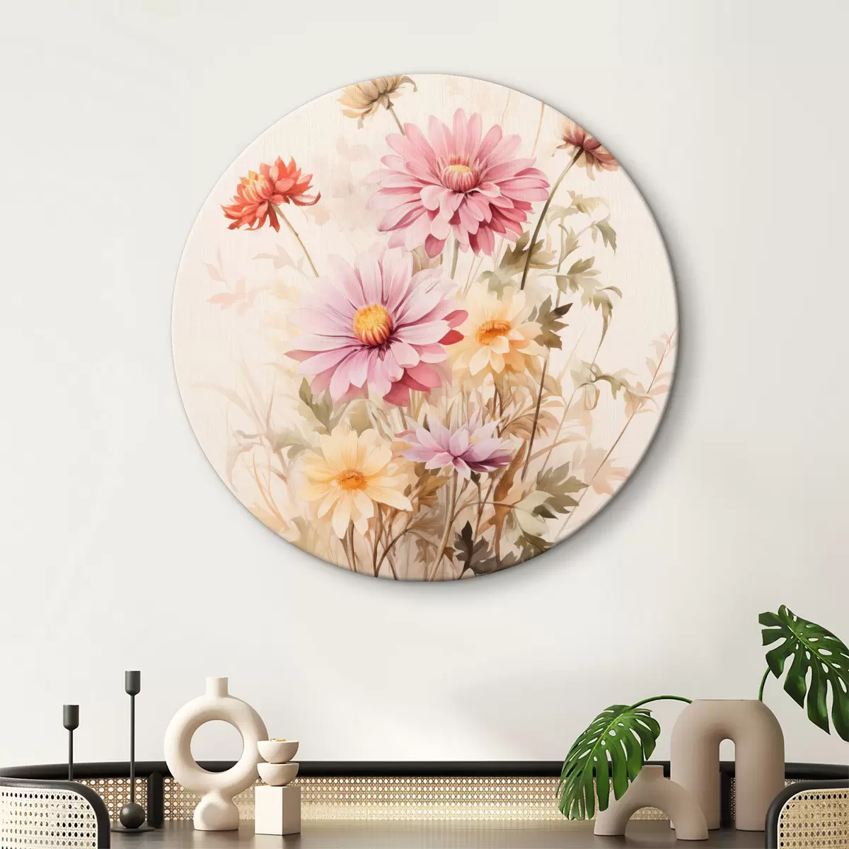 Ronde schilderijen Een boeket kleurrijke bloemen, zachte aquarel stijl, op een lichte achtergrond, botanische illustratie r45560