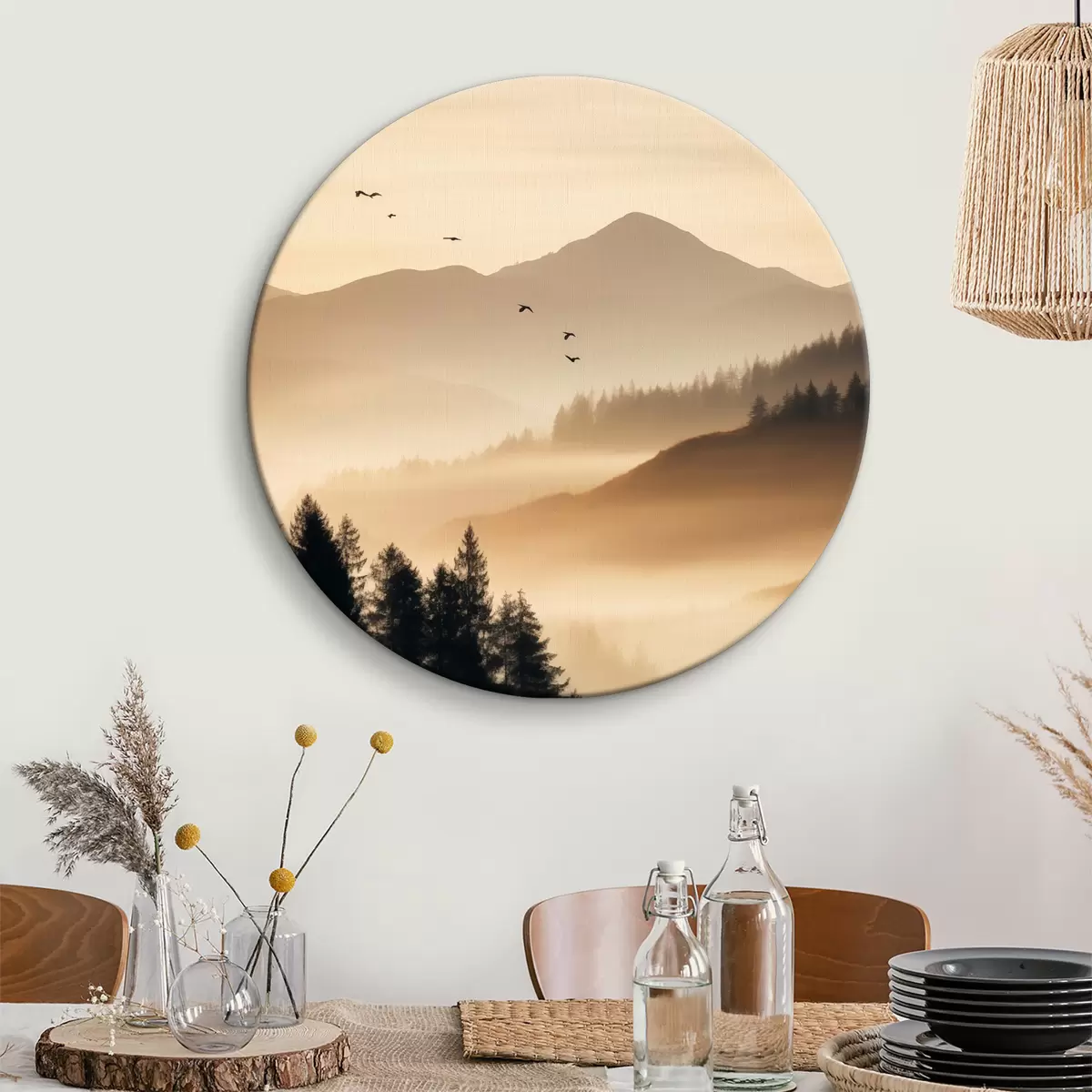 Ronde schilderijen Een berglandschap met een bos en vogels die in de lucht vliegen, alles bedekt met een dikke laag mist tijdens zonsopgang r45563