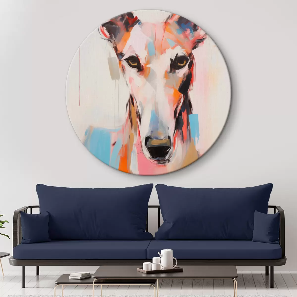 Ronde schilderijen Een windhond, beschilderd met levendige kleuren zoals oranje, roze en blauw, tegen een effen witte achtergrond r45565