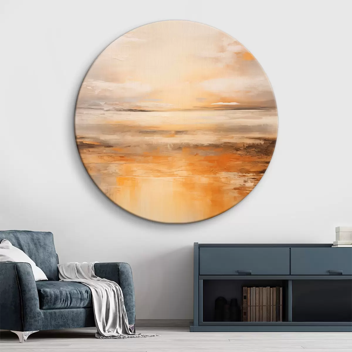 Ronde schilderijen Een abstract schilderij van een strandlandschap met een kalme oceaan, oranje zand en een bewolkte lucht met zon r45567