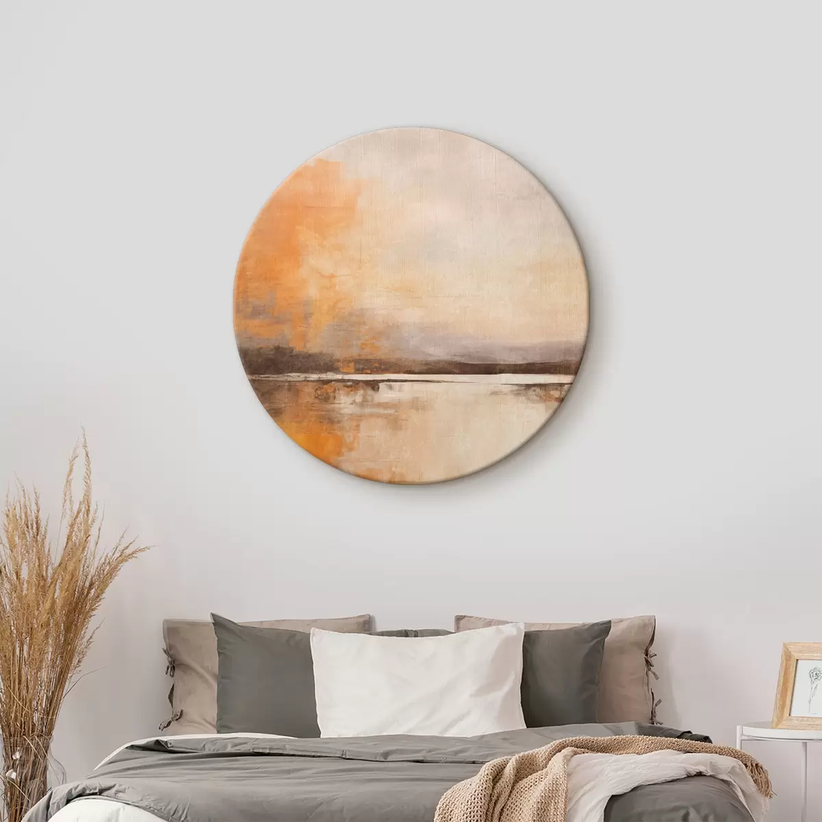 Ronde schilderijen Een abstract landschap met textuur in oranje, bruine en beige tinten r45568