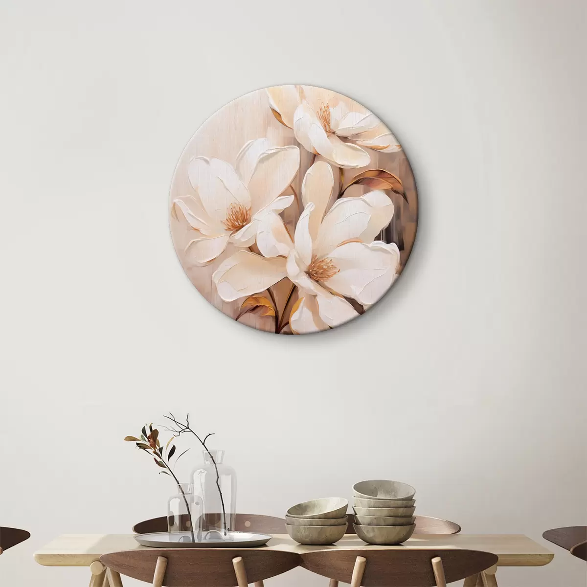 Ronde schilderijen Witte magnolia bloemen tegen een zachte, onscherpe achtergrond van beige en bruine tinten, elegante bloemencompositie r45571