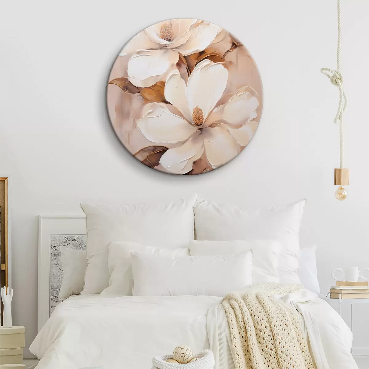 Ronde schilderijen Witte magnoliabloemen tegen een zachte, onscherpe achtergrond van beige en bruine tinten, schilderstijl r45572