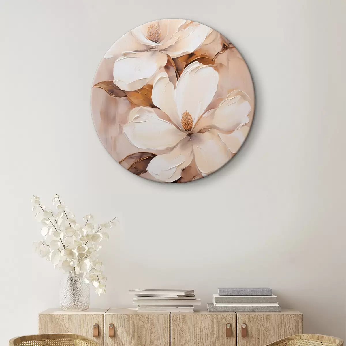 Ronde schilderijen Witte magnoliabloemen tegen een zachte, onscherpe achtergrond van beige en bruine tinten, schilderstijl r45572