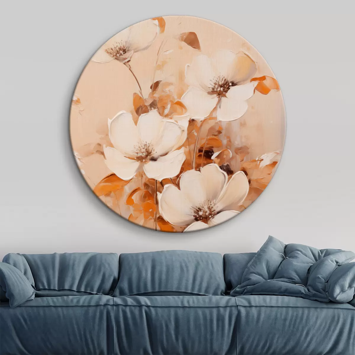 Ronde schilderijen Witte bloemen met oranje bladeren, fijne penseelstreken, warm kleurenpalet, elegante compositie r45573