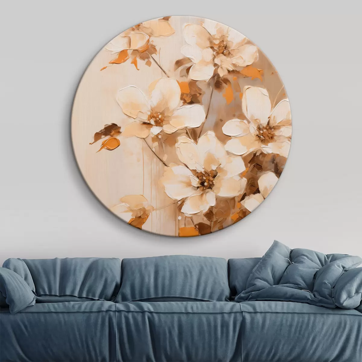 Ronde schilderijen Witte bloemen met oranje bladeren, fijne penseelstreken, bloemstuk, botanische kunst r45574