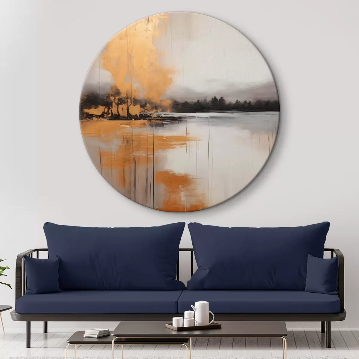Ronde schilderijen Een abstract landschap met een meer, boom en gele mist, het water weerspiegelt en bewolkte lucht r45575
