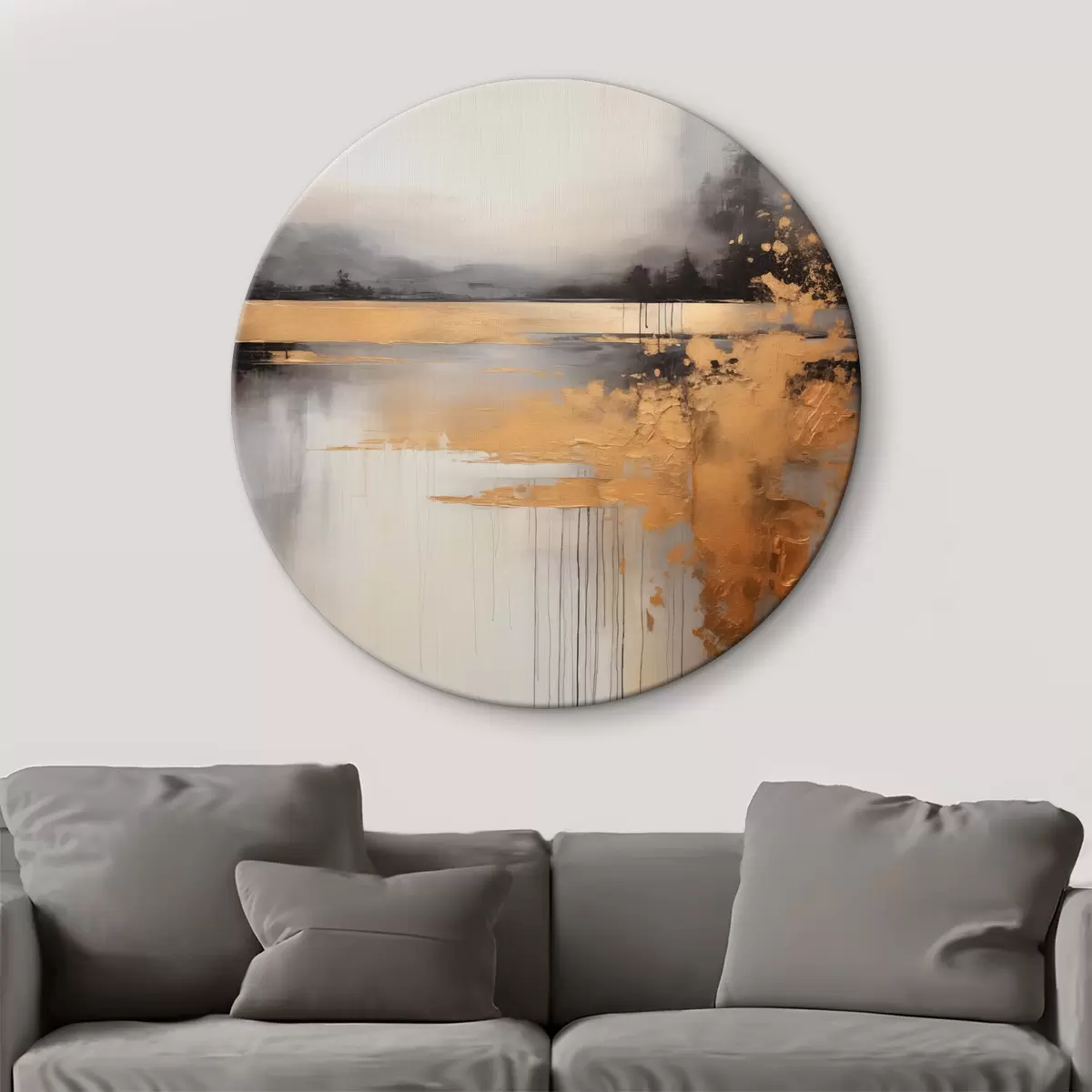 Ronde schilderijen Abstract textuurlandschap met een rivier en donkere bomen op de achtergrond, de lucht is bewolkt r45576