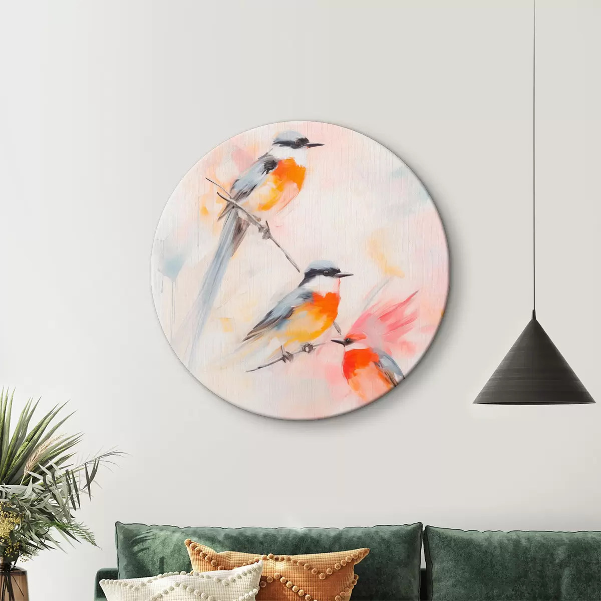 Ronde schilderijen Vogels neergestreken op takken , zachte pastelkleuren, lichte achtergrond met roze en witte tinten r45577