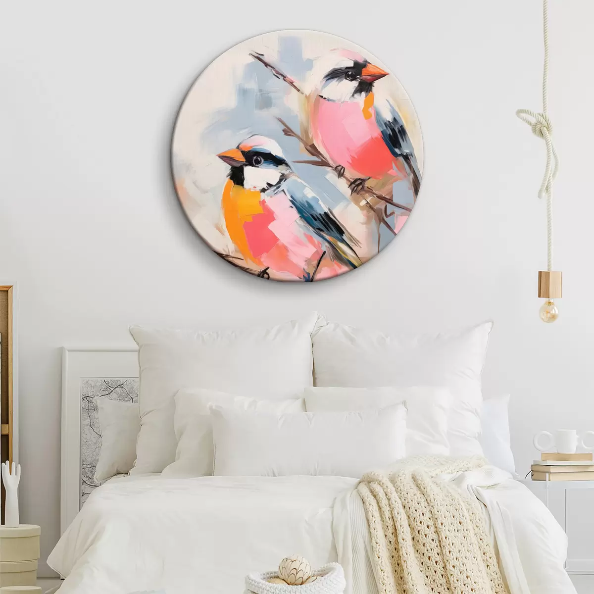 Ronde schilderijen Kleurrijke vogels op een tak tegen een zachte pastelkleurige achtergrond r45578