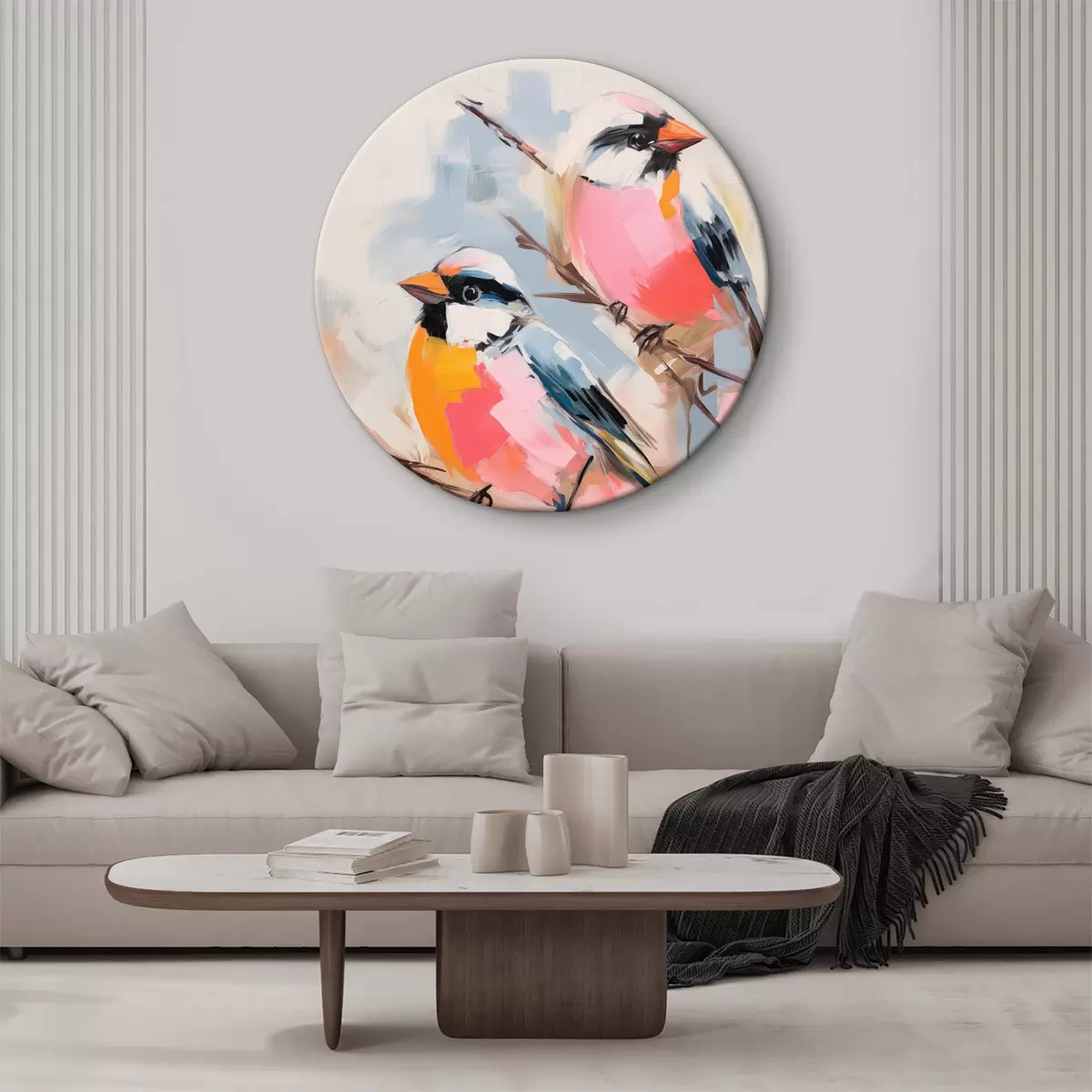 Ronde schilderijen Kleurrijke vogels op een tak tegen een zachte pastelkleurige achtergrond r45578