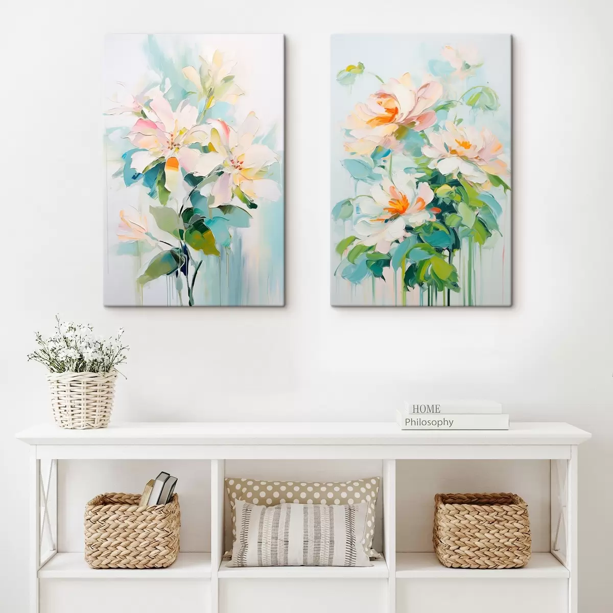  Schilderijen Witte en pastel perzik bloemen, groene bladeren, zachte penseelstreken olieverf imitatie, lichtblauwe achtergrond m00644