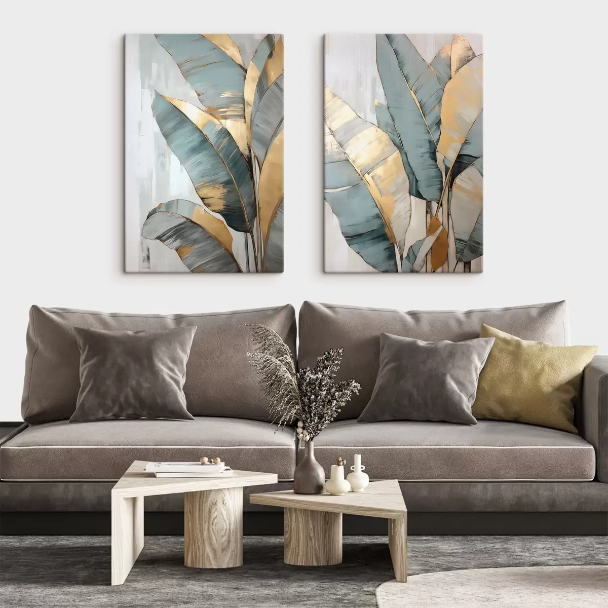  Schilderijen Een set gedempte blauwe, grijze en gele bananenbladeren met zichtbare penseelstreken, op een witte abstracte achtergrond m00645