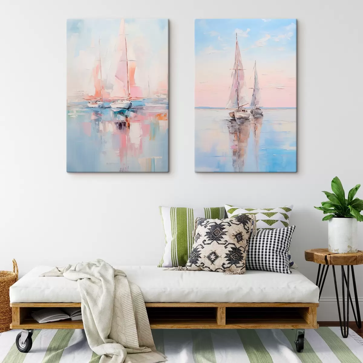  Schilderijen Zeilboten met roze zeilen drijvend op een kalme zee, reflecties van de boten in het water, zachte pastelkleuren m00648